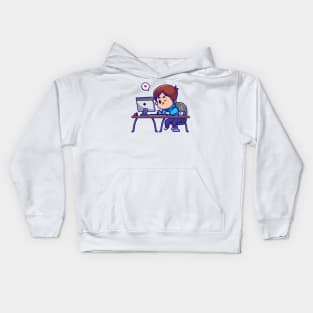 Cute Boy Working On Computer Cartoon Kids Hoodie